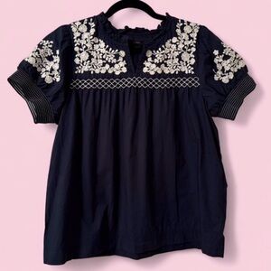 J. Crew Navy Blue Blouse with White Embroidery